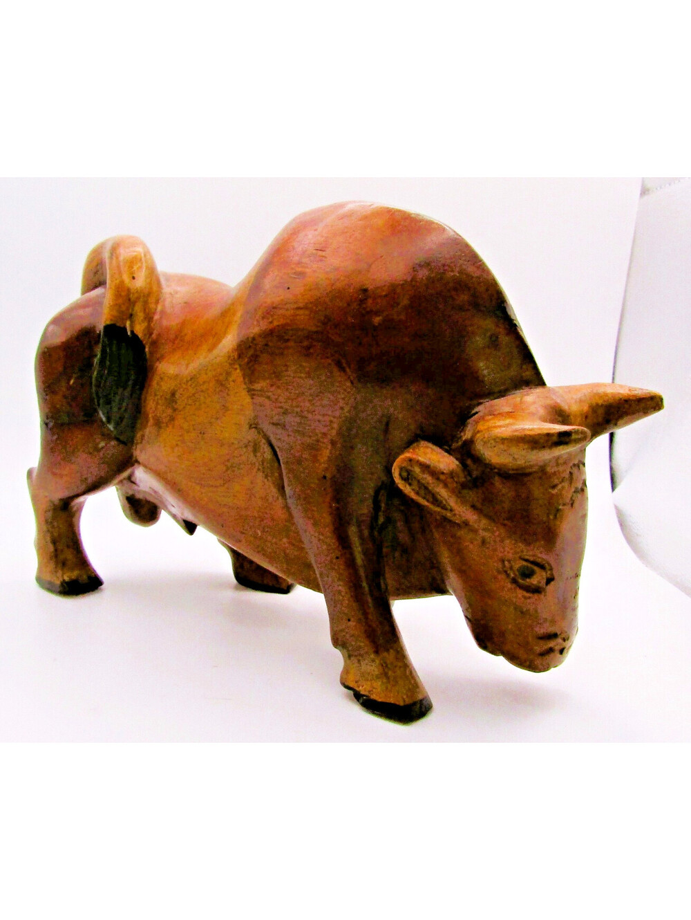 Large Vintage Mid-Century Modern Hand Carved Wood Bull Sculpture